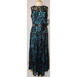 Sally Fashion Floor Length Stretch Lace Formal Gown-Size XL-BLACK/TURQUOISE-NEW